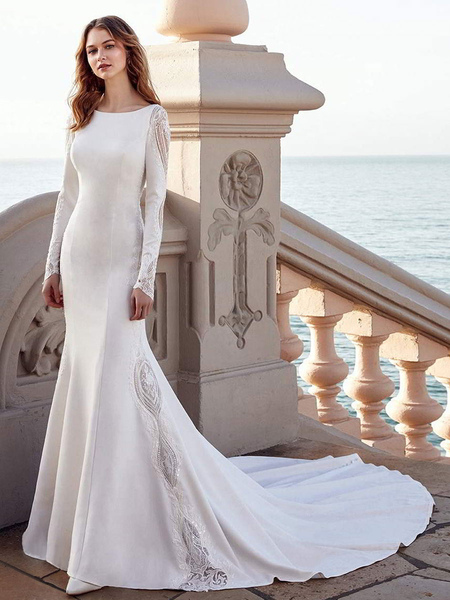 Milanoo Wedding Dress Mermaid Dress Bateau Neck Long Sleeves Natural Waist With Train Bridal Gowns