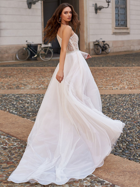 Milanoo Einfache Hochzeitskleid Spitze Eine Schulter Lange Ärmel Spitze Tüll Lange Brautkleider
