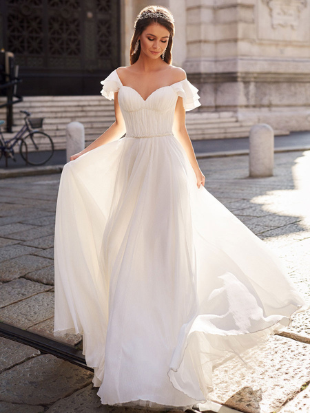 Milanoo Simple Wedding Dress A Line Off The Shoulder Natural Waistline Chiffon Bridal Gowns