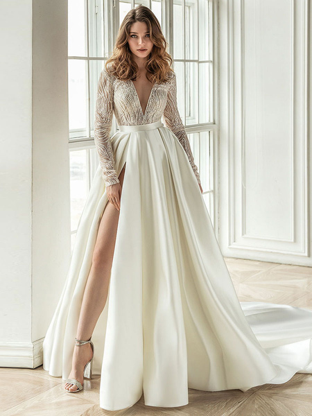 Milanoo Simple Wedding Dress With Train A Line V Neck Long Sleeves Lace Bridal Dresses