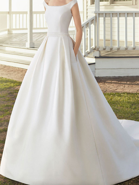 Milanoo Vintage Wedding Dresses With Train Designed Neckline Sleeveless Buttons Satin Fabric Bridal