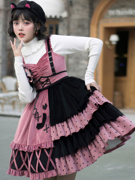 Image of Sweet Lolita Outfits 3 pezzi Set Black Bows Ruffles Girocollo maniche lunghe Lolita Jumper Skirt