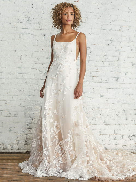 Milanoo Wedding Dress With Train A Line Sleeveless Square Neck Lace Bridal Gowns