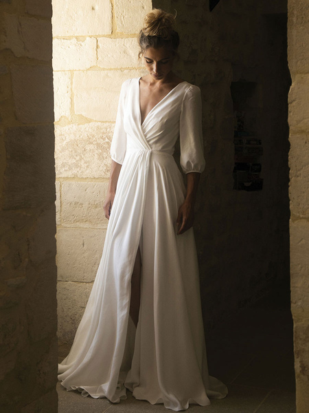 Milanoo White Wedding Dresses With Train A Line Floor Length 3/4 Length Sleeves Pleated V Neck Brida