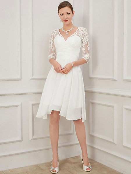 Milanoo Ivory Short Wedding Dress Knee Length V Neck Half Sleeves A Line Natural Waist Chiffon Brida
