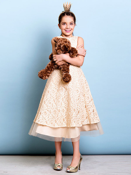 Milanoo Flower Girl Dresses Champagne Golden Jewel Neck Sleeveless A Line Lace Kids Party Dresses