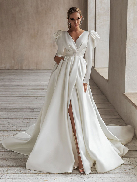 milanoo.com Vintage Wedding Dress White Bridal Dresses Long Sleeves Wedding Dress V Neck A Line With Train Bridal Gowns