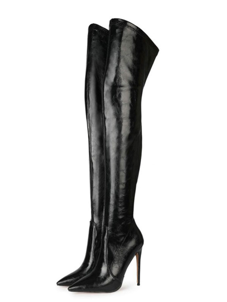 Milanoo Womens Over The Knee Boots Black Pointed Toe Stiletto Heeled Boots