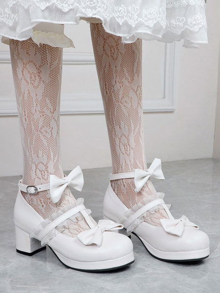 Milanoo White Lolita Footwear Round Toe PU Leather Lolita Pumps