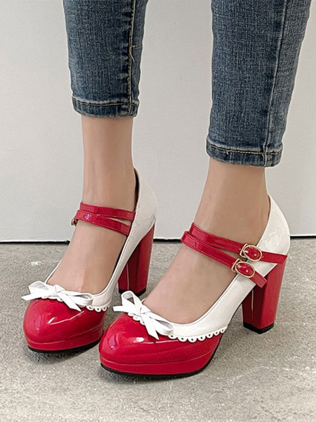 Image of Sweet Lolita Footwear Red Round Toe PU Leather Lolita Shoes