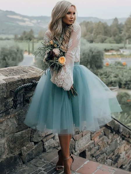 Milanoo Blue Simple Wedding Dress A Line Designed Neckline Lace Tulle Bridal Gowns