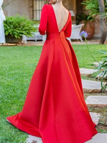 Milanoo Einfaches Brautkleid Satin Stoff V-Ausschnitt 3/4 Länge Ärmel True Red Brautkleider