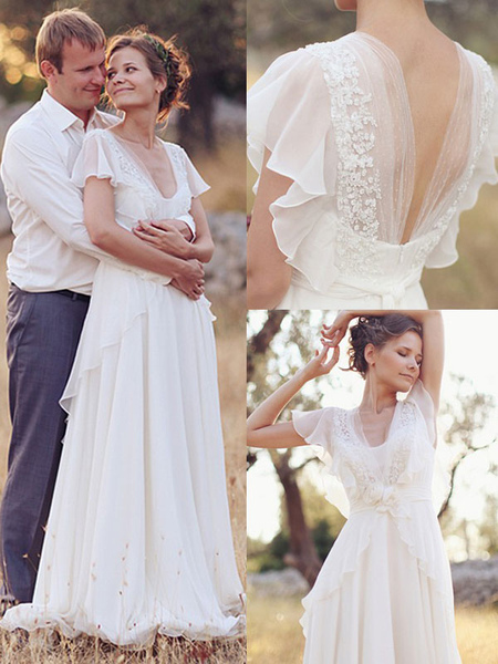 Milanoo Einfaches Hochzeitskleid A Line Designed Ausschnitt Ärmellose Applique Chiffon Brautkleider
