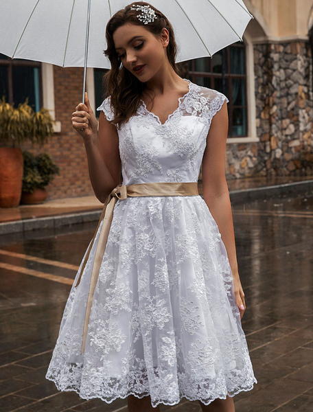 Milanoo Wedding Dress Ecru White Knee Length A Line Sleeveless Lace V Neck Midi Bridal Gowns