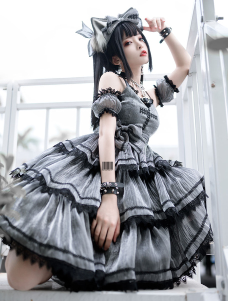 Milanoo Sweet Lolita JSK Dress Grey Black Sleeveless Dark Lolita Jumper Skirt
