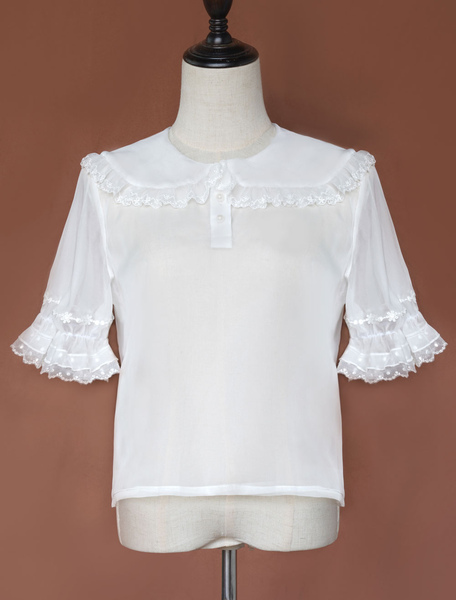 Milanoo Lolita Blouses White Short Sleeves Transparent Lolita Shirt Sweet Tops