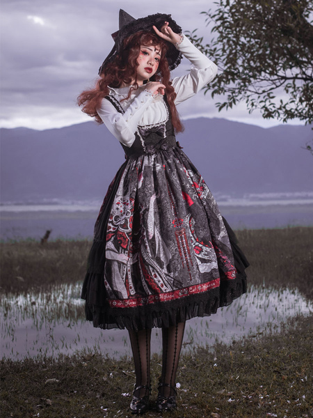 Image of Abito Lolita JSK Gonne in maglia Lolita in fibra di poliestere con fiocchi senza maniche in argento nero