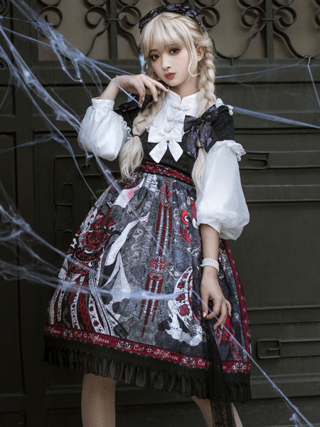 Milanoo Sweet Lolita OP Dress Black Silver Long Sleeves Polyester Dark Lolita One Piece Dresses