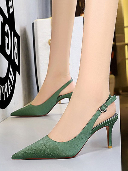 Milanoo Womens Green Satin Slingback Heels Pointed Toe Stiletto Heel Pumps