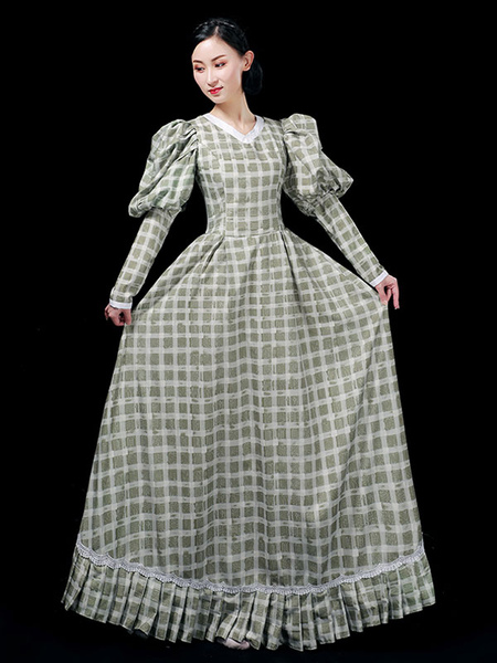 Image of Costumi retrò salvia Abito scozzese verde in poliestere Costume da Maria Antonietta Abbigliamento vintage