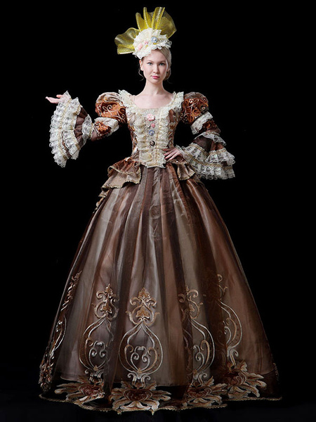 Image of Costumi retrò del XVIII secolo Set di costumi di Maria Antonietta ricamati in poliestere marrone caffè con copricapo