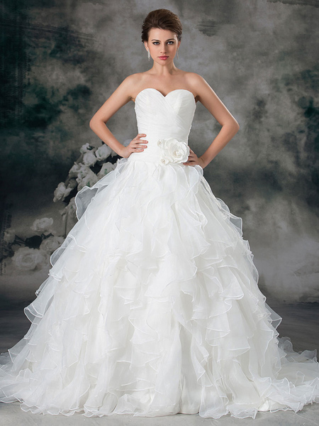 Image of Glamorous Ivory Ruched Sweetheart Neck A-line Organza Wedding Dress