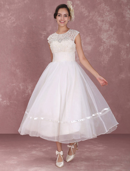 Milanoo Elegant Backless Bow Round Neckline A Line Tea Length Wedding Dress