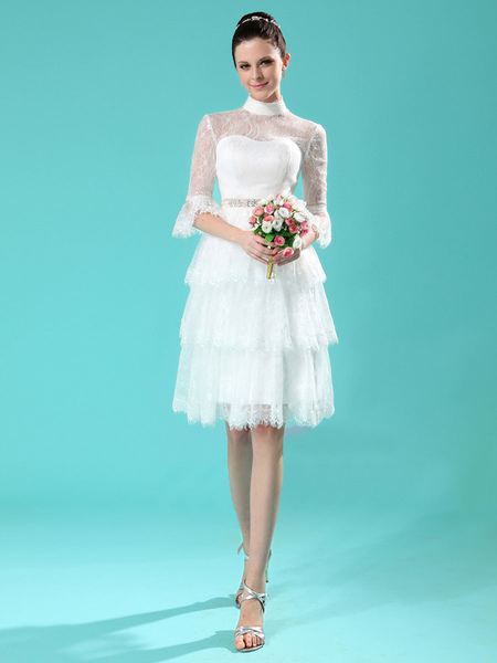 Milanoo  A-Linie-Brautkleid aus Spitze mit Halskragen stufig knielang in Elfenbeinfarbe
