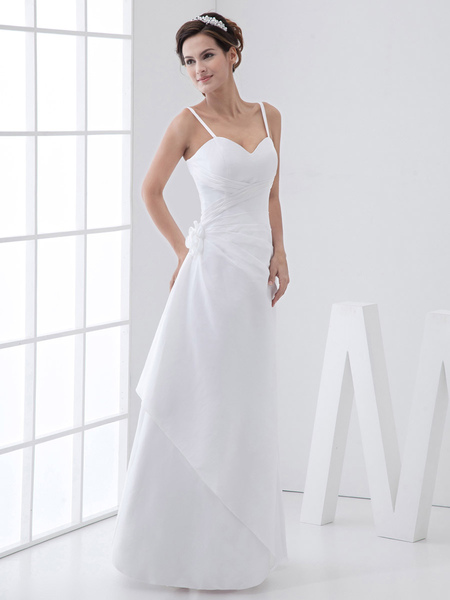 Milanoo  A-Linie-Brautkleid aus Taft mit Spaghettiträger und Deko-Applikation bodenlang in Weiß