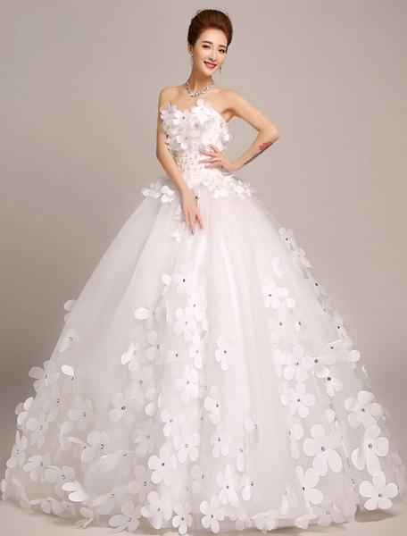 Milanoo Ivory Wedding Dresses Princess Ball Gowns Bridal Dress 3D Flowers Strapless Beaded Women Pag