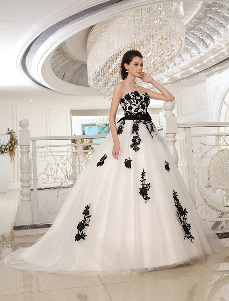 Milanoo Black And White Wedding Dresses Strapless Lace Sash Beaded Ball Gown Bridal Dress
