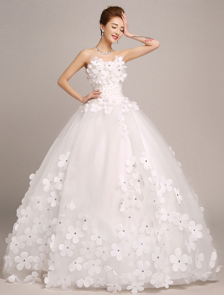 Milanoo Ivory Wedding Dresses Princess Ball Gowns Bridal Dress 3D Flowers Strapless Beaded Women Pag