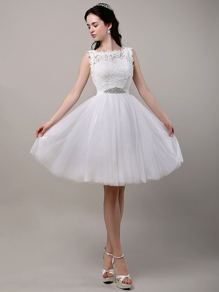 Milanoo A Line Short Knee Length Wedding Dress Lace Bodice Tulle Beading Sequins Sash Bridal Dress