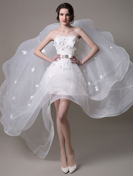 Milanoo A Line Organza Short Wedding Dress Strapless Flowers Beaded Bow Lace Up Bridal Dress With Ch