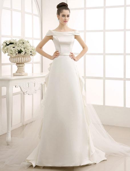 Milanoo Ivory A Line Off The Shoulder Ruffles Tulle Sweep Train Bridal Wedding Dress