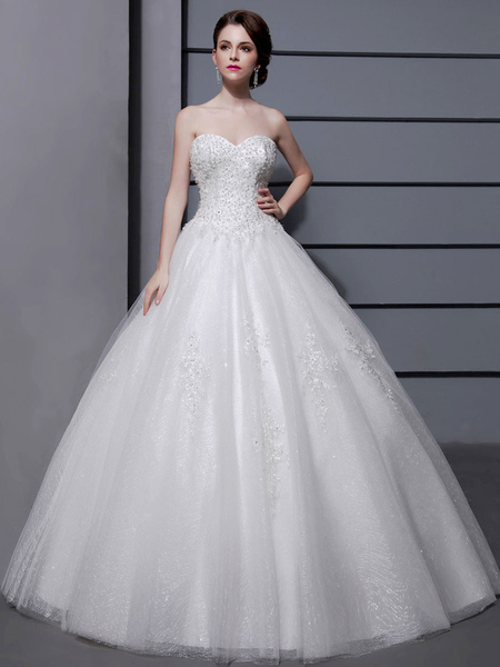 Milanoo Ivory Wedding Dress Sweetheart Neckline Tulle Beaded Ball Gown Bridal Dress