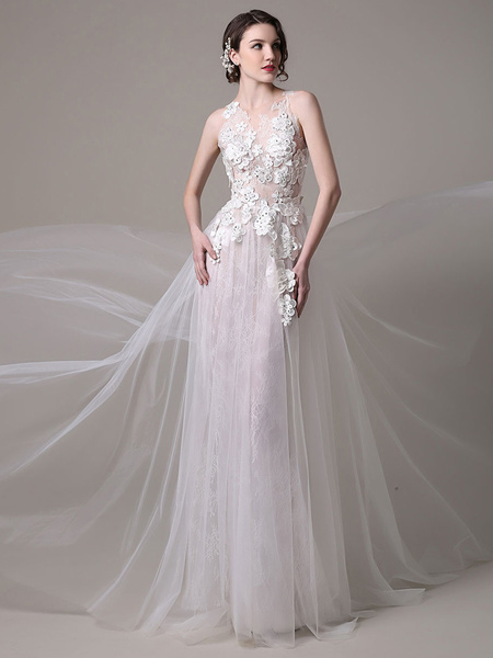 Image of Sexy Wedding Dress In Lace And Tulle With Sheer Illusion Tulle Bodice 3D Floral Applique Milanoo