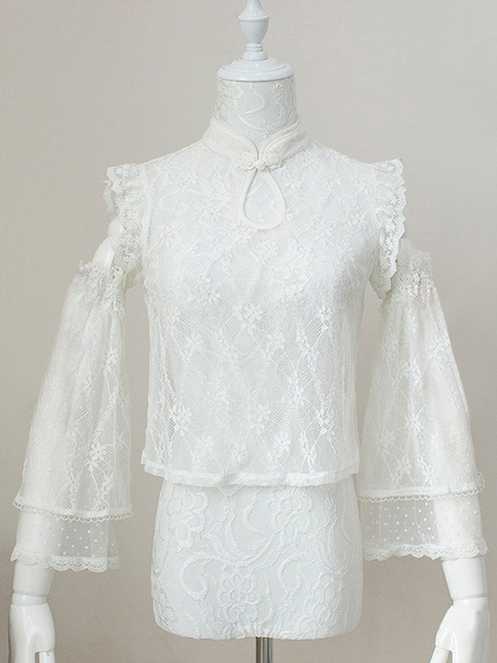 Image of Sweet Lolita Blouses White Sleeveless Lolita Top Lace Bows Lolita Shirt