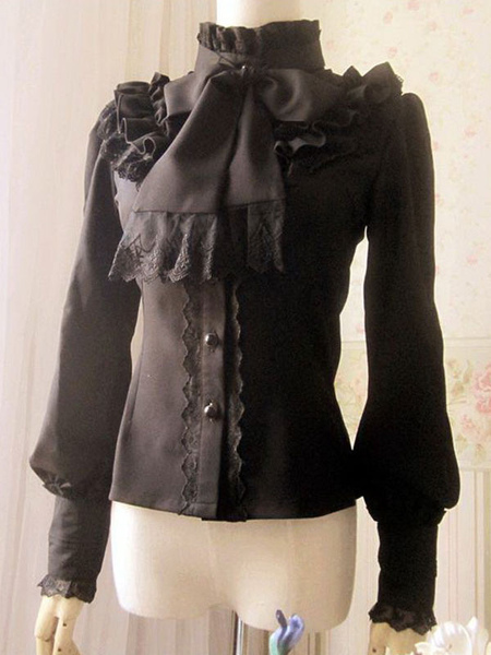 Image of Bianco in Chiffon Lolita camicetta maniche lunghe collo alto Big Bow Tie Lace Trim