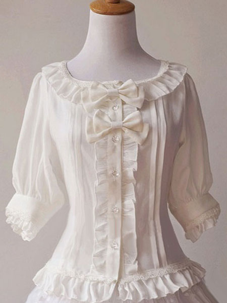 Milanoo Classic Lolita Blouses Magic Tea Party Chiffon Ruffles Lace Scoop Neck Bell Sleeve White Lol