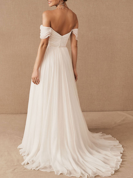 Milanoo White Bridal Dress A-Line Bateau Natural Waistline Chiffon Back Zipper Floor Length Wedding