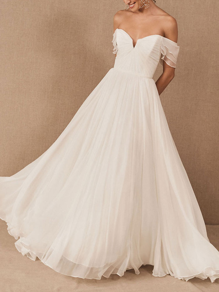 Milanoo White Bridal Dress A-Line Bateau Natural Waistline Chiffon Back Zipper Floor Length Wedding