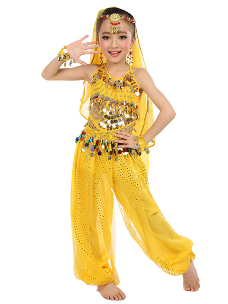 Image of Carnevale Costumi per la danza del ventre 2024 indiani di Bollywood indiani senza maniche in chiffon blu per bambini Halloween