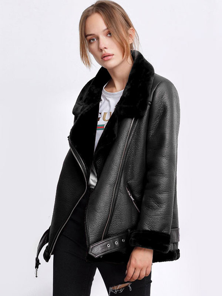 Women’s Leather Jacket Faux Shearling PU Moto Jacket Winter Outerwear