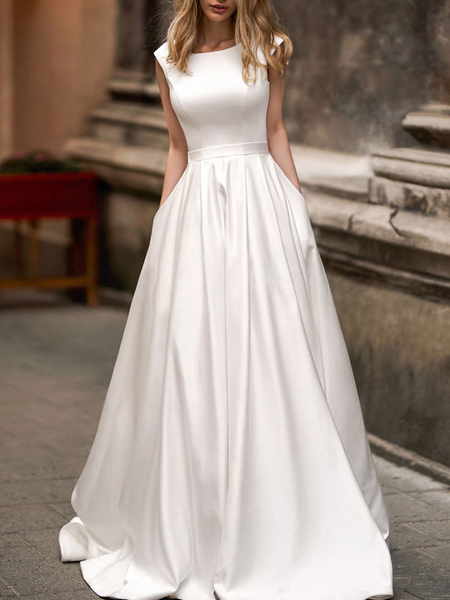 Milanoo vintage wedding dress 2021 a line bateau neck sleeveless floor length satin bridal gown
