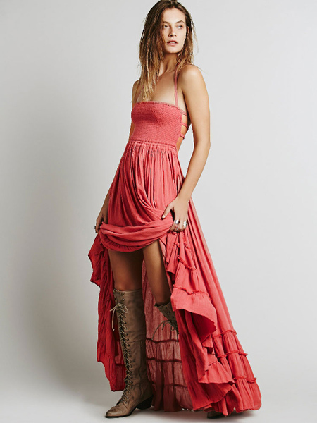 Milanoo Boho Maxi Dress 2021 Backless Straps Pink Women Summer Long Warp Dress