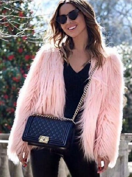 Milanoo Women Shaggy Faux Fur Coat Solid Color Long Sleeve Short Jacket