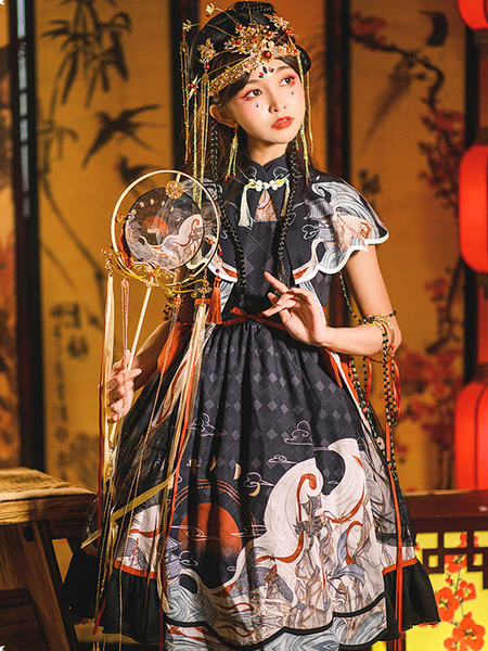 Milanoo Chinese Style Lolita JSK Dress Black Lolita Jumper Skirts And Cape Cloud Collar