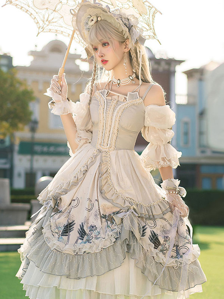 Sweet Lolita Wedding OP Dress Floral Print Light Gray FlowersÃ‚Â Bows Lolita One Piece Dresses