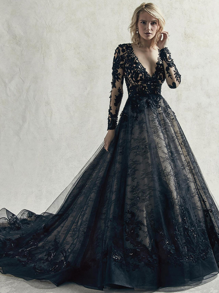 Milanoo Black Wedding Dresses Lace Princess Silhouette Long Sleeves Natural Waist Lace Court Train B